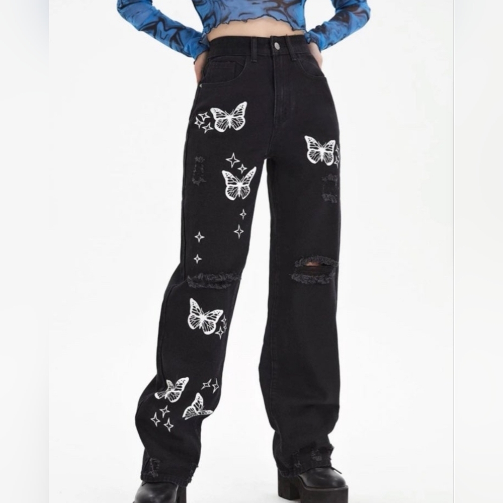 Shein Bleach wash high rise Black jeans w/ ripped detail and butterflies